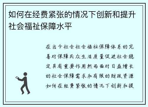 如何在经费紧张的情况下创新和提升社会福祉保障水平